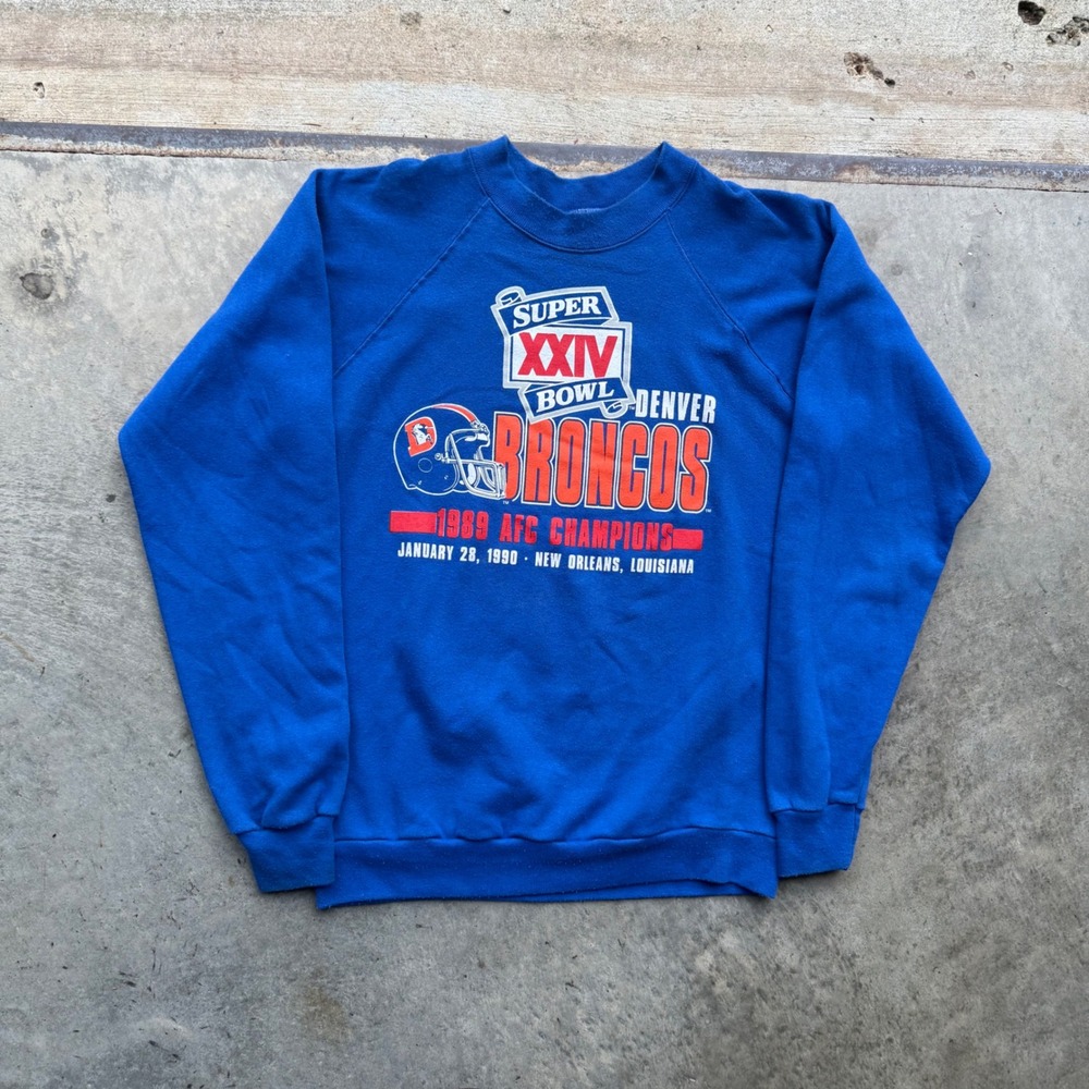Vintage 1989 Denver Broncos AFC Champions Super Bowl XXIV Sweatshirt Blue Small